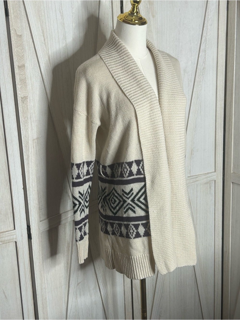 Pink Republic Ivory Open-Front Faire Isle Cardigan Geometric Trim Sz M Boho Cozy - Picture 2 of 9
